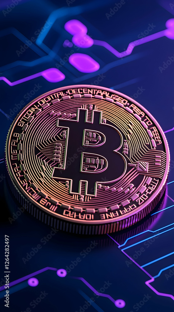 Poster bitcoin coin close-up shot, a virtual currency on a background circuit, for investing generative ai