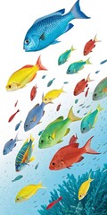 Obraz premium Vibrant Reef Fish Collage Colorful School of Tropical Fish, Underwater Scene, Marine Life, Coral Tropical Fish, Underwater Art