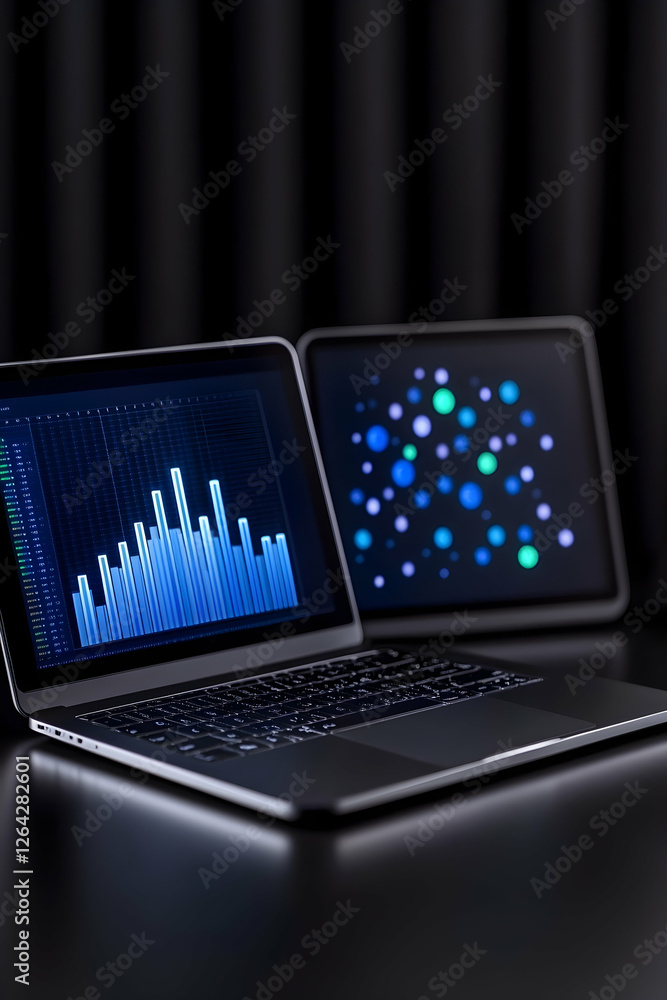 Poster laptop and tablet displaying graphs on a desk, for analysis and presentation generative ai