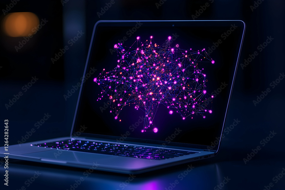 Poster laptop displaying a glowing network structure for tech, research or presentations generative ai