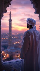 Man in traditional clothing contemplates cityscape at sunset, viewed through ornate archway.