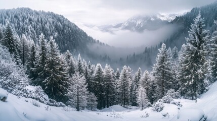 Fototapeta premium Serene Winter Landscape: Snow-Covered Pines and Misty Mountains