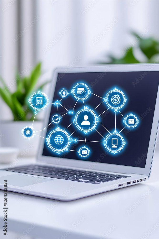 Poster laptop displays glowing network of contacts in office background for business use generative ai