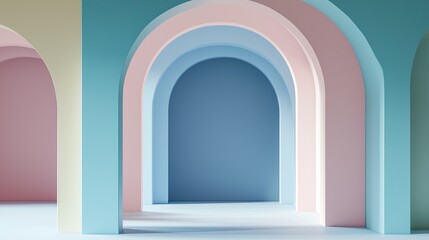 Fototapeta premium Colorful abstract architecture featuring pastel arches in a serene, minimalistic interior space