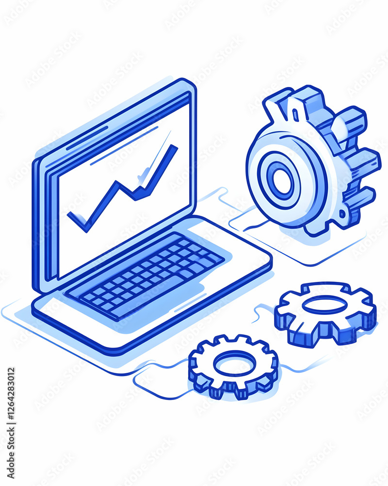 Aufkleber laptop shows graph with gears on table; for technology, software, or engineering generative ai