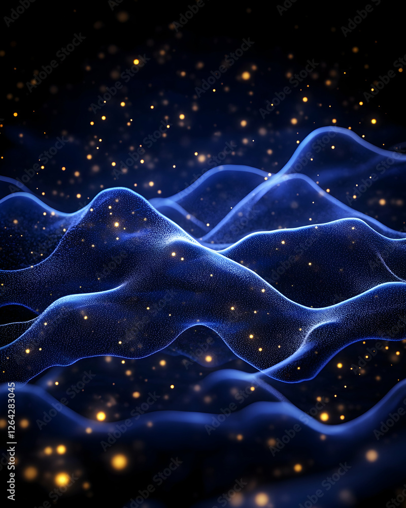 Poster blue abstract flowing mesh grid, with golden particles against a dark background generative ai