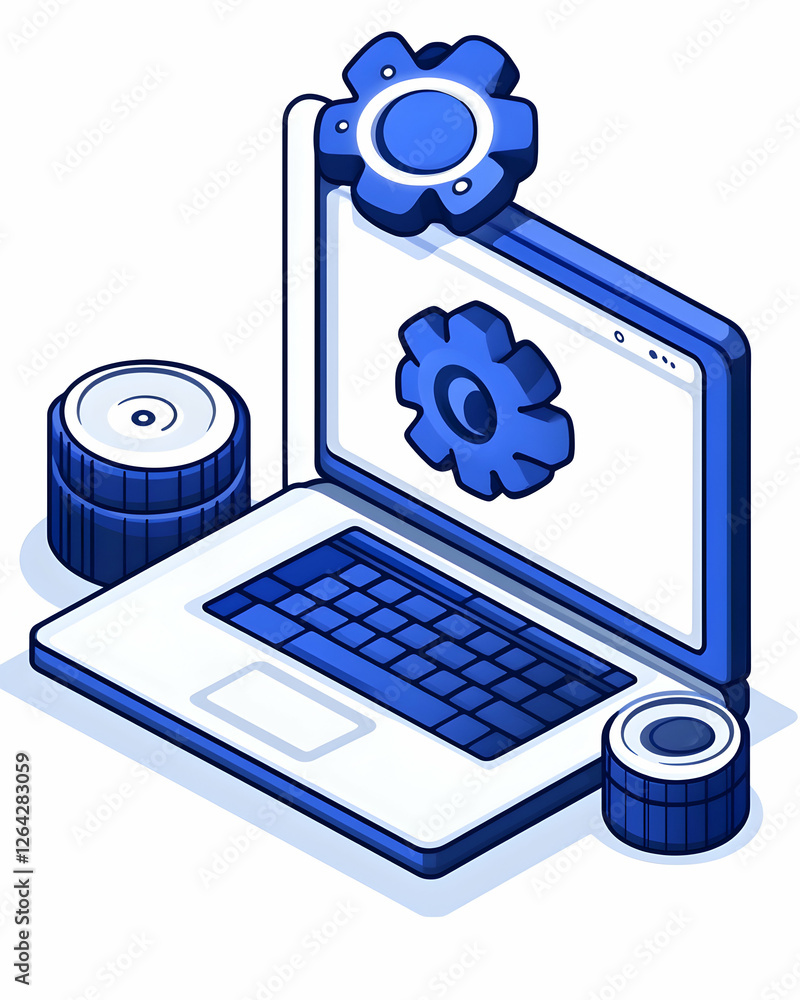 Poster laptop with gears representing settings, update, or software. isometric view generative ai