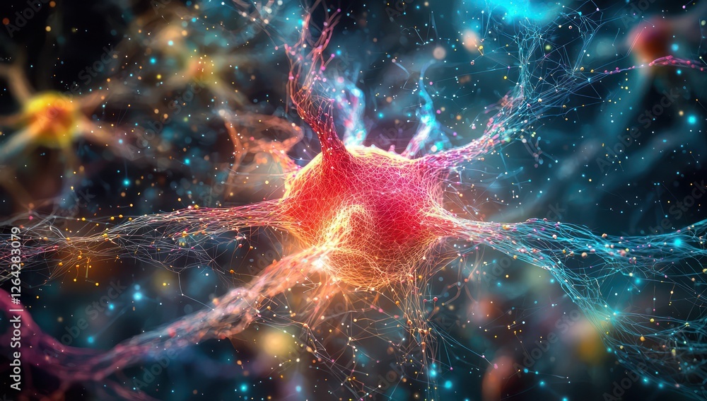 Poster multispectral flowing data currents visualized as a living neural network, glowing complexity.