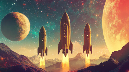 Naklejka premium Space exploring cartoon vertical banners, cute friendly alien, ufo saucer, astronaut, planets, rocket or shuttle in galaxy. Fantasy cosmic backgrounds with Universe objects, vector illustration, set