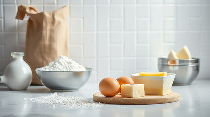 A kitchen counter with flour, eggs, and butter &ndash; Generative AI