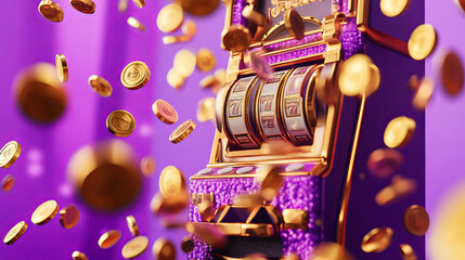 3d slot machine with wheel and handle lever surrounded by flying golden dollar coins. Realistic vector illustration purple banner with casino jackpot gambling device for winner and fortune chance.