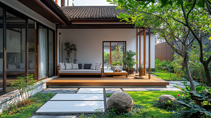 A modern Chinese-style courtyard house with white walls and dark wood accents
