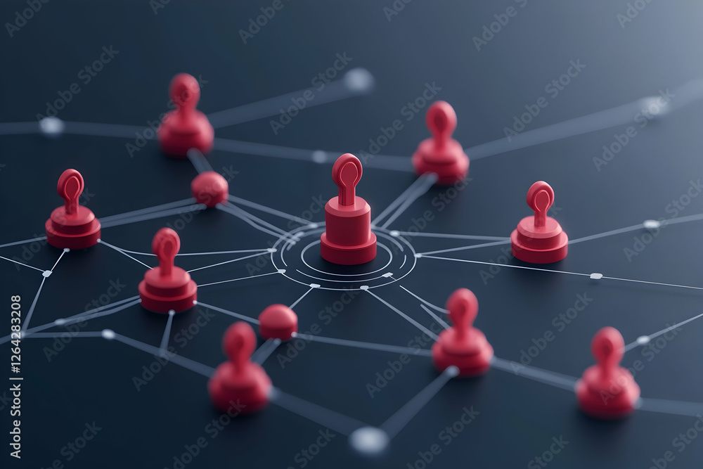 Poster leader among interconnected network of red pawns on a dark abstract background generative ai