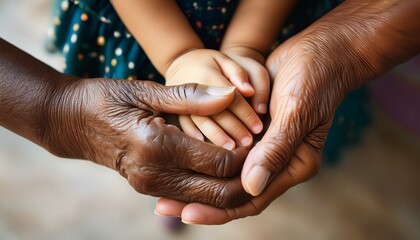 Fototapeta premium A touching top-down close-up captures the tender connection between a Black senior woman and a little girl as their hands gently clasp together. 