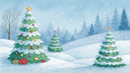 Winter Wonderland Watercolor Christmas Trees, Snowy Landscape, Festive Decor, Holiday Scene, Christmas Card. Christmas, Watercolor