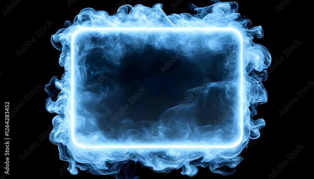 Poster blue frame with smoke effect, on black backdrop for web design and text overlay generative ai