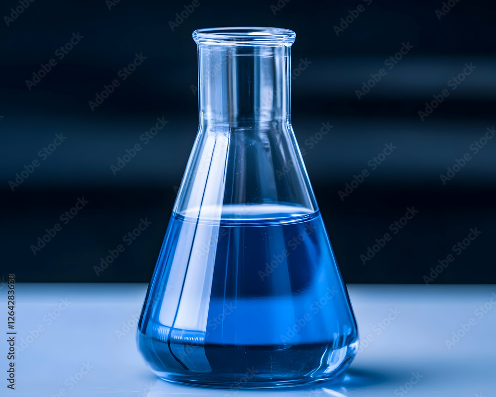 Aufkleber blue liquid in a flask for science experiment with dark background generative ai