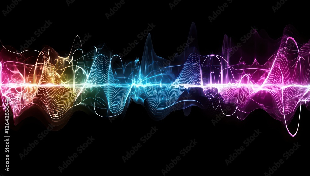 Poster flowing neon sound frequencies displaying digital wave patterns , advanced ai processing.