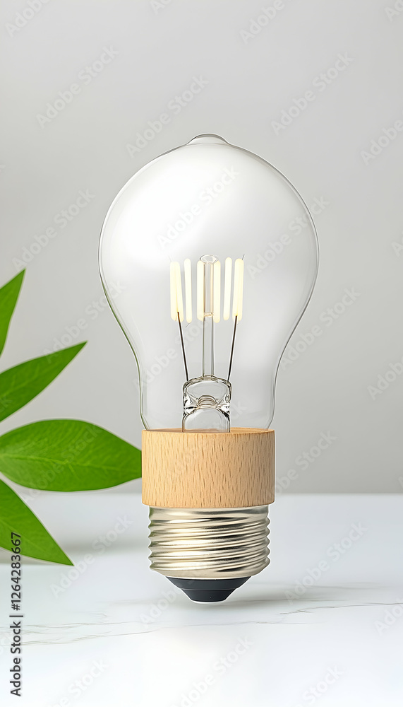 Poster lightbulb illuminates on a table, next to greenery; sustainable energy concept generative ai