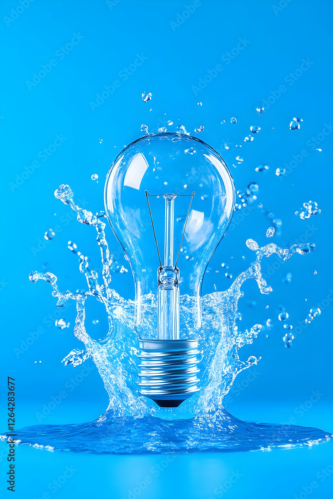 Poster lightbulb in water splash idea or innovation concept in studio blue background generative ai