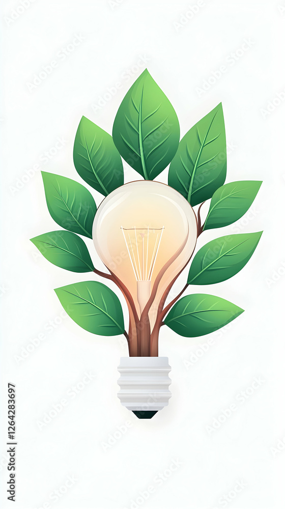 Poster lightbulb sprouting leaves, energy concept, white background, idea generation usage generative ai