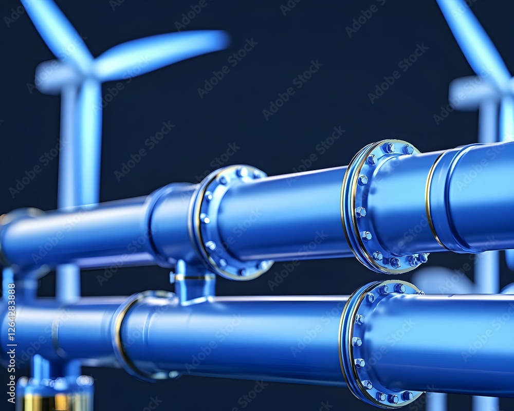 Poster blue pipelines and windmills generating power on the dark background for industry use generative ai