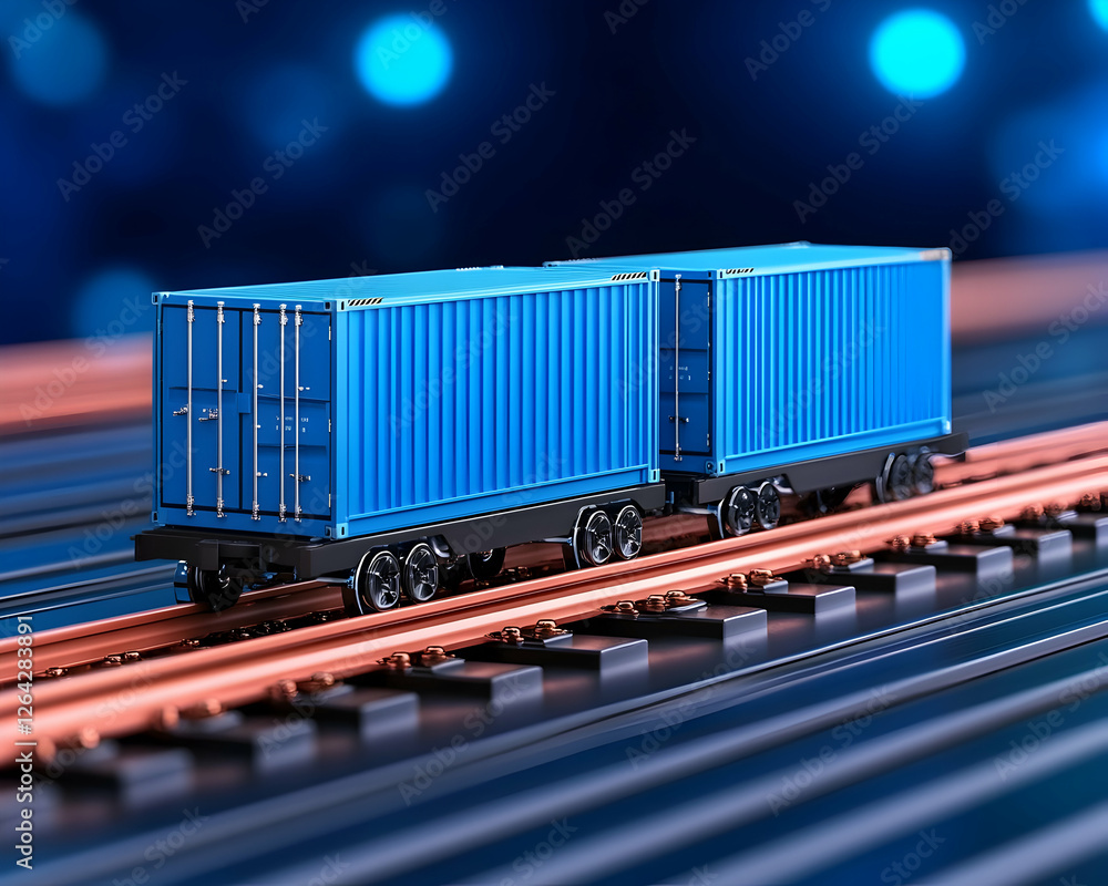 Poster blue shipping containers transporting cargo on railroad tracks in a digital backdrop generative ai