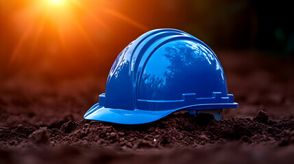 Blue safety helmet rests on soil at sunset for health and safety awareness generative AI