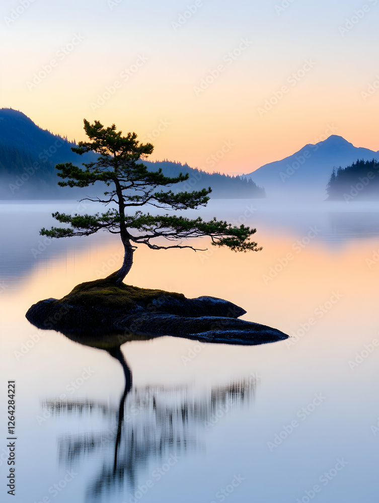 Aufkleber lone tree on island in lake reflects at dawn. serene mountain scenery background generative ai