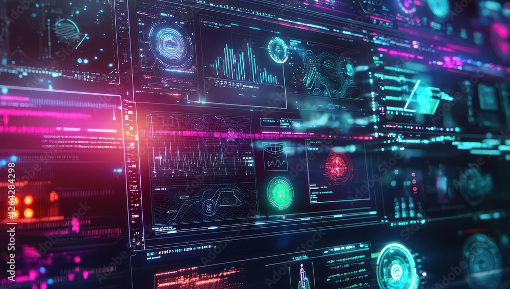 Poster futuristic light fields displaying deep diagnostics , shifting energy layers presenting data.