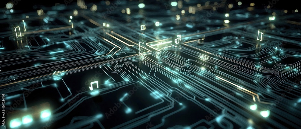 Poster abstract digital circuit board glowing lines network technology background
