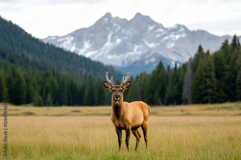 Poster majestic elk stands on field with forest and snow-capped mountains backdrop. stock generative ai
