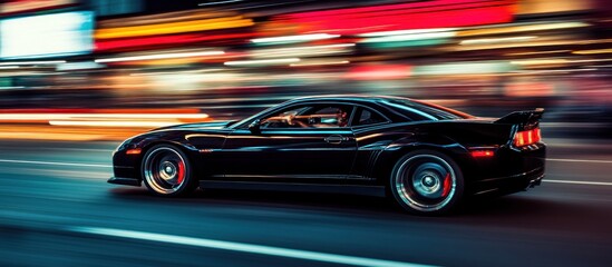 Fototapeta premium Black sports car speeding city night, blurred lights, advertisement