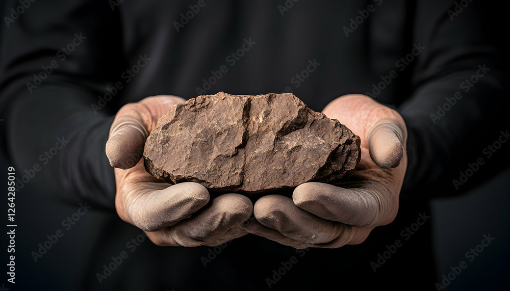 Poster man holding a rock on black background to represent earth elements in nature generative ai