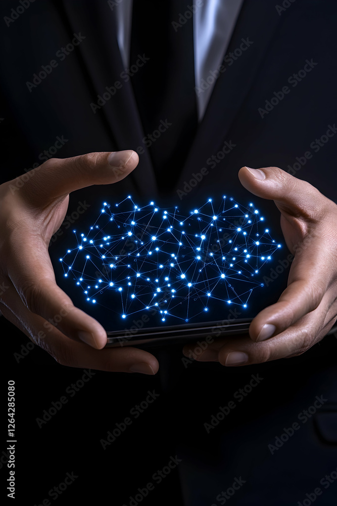 Poster man holds digital brain model on phone; futuristic network background, use for ai generative ai