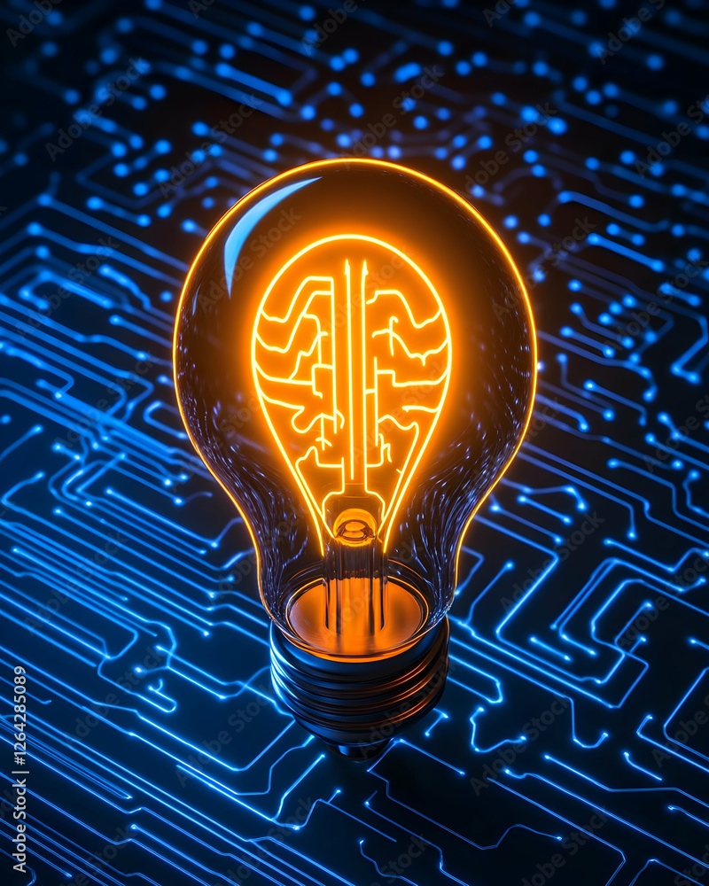 Poster brain idea within bulb on blue circuit technology, creative concept for innovation generative ai