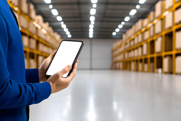 Man holds smartphone. Warehouse background. Logistics app. Delivery tracking generative AI