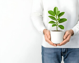Man holds ficus in white pot against a white background for eco awareness campaign generative AI