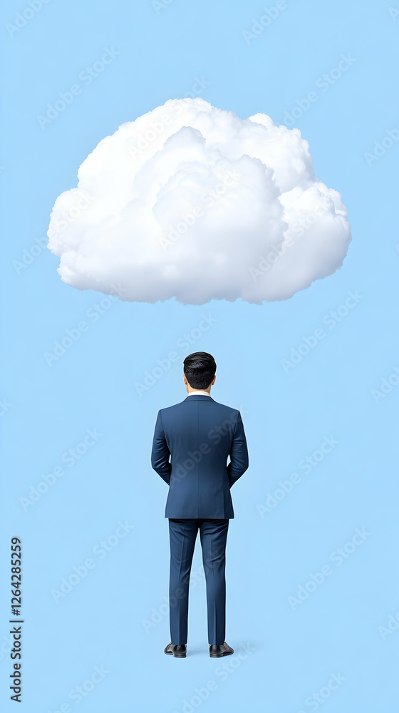 Poster man in suit views cloud in blue background. dreamy business technology concept generative ai