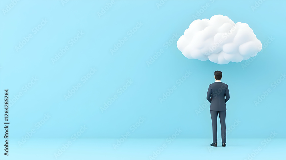 Poster man in suit thinking under cloud in blue office. idea generation concept image generative ai