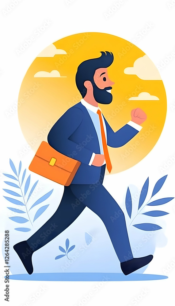 Poster man in suit running with a briefcase, nature background. use advertisement generative ai