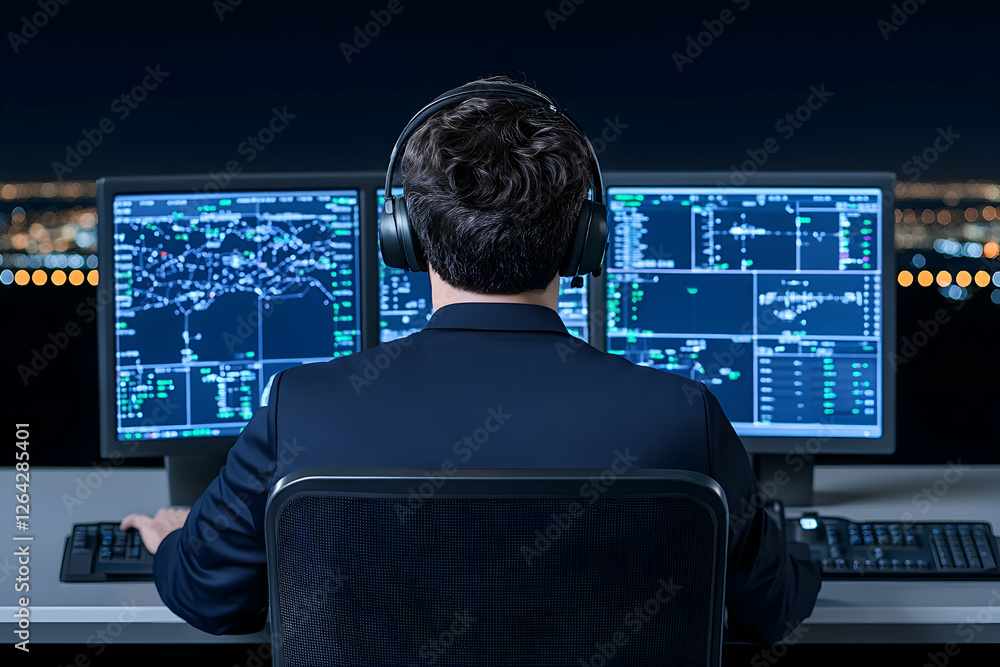 Poster man monitors graphs on screens at night, illuminated city background, for security generative ai
