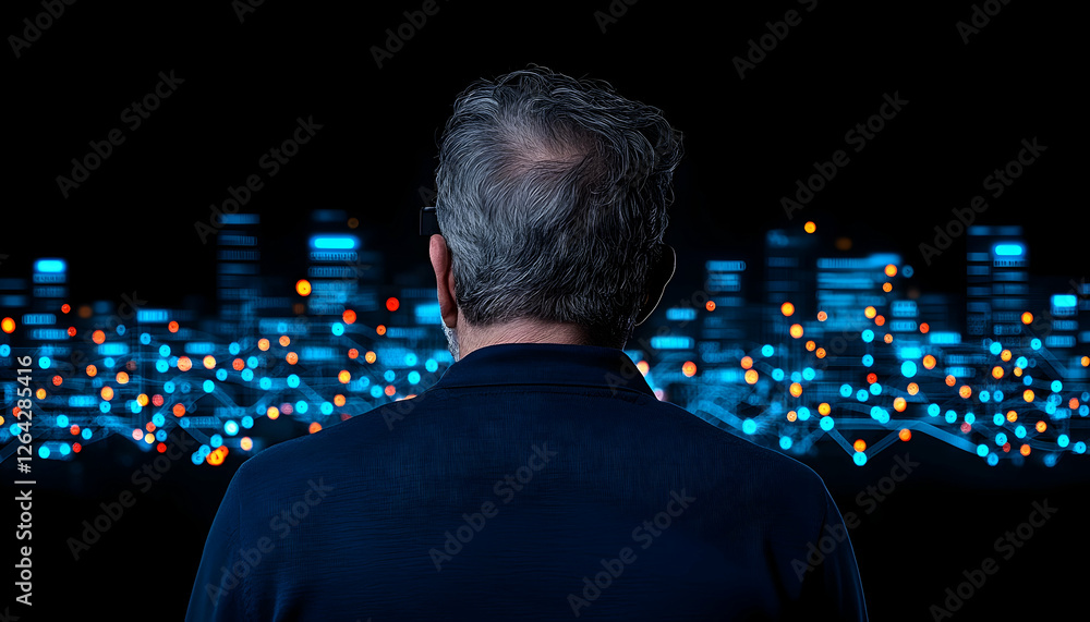Poster man looks at city skyline with digital network glowing. tech concept idea generative ai