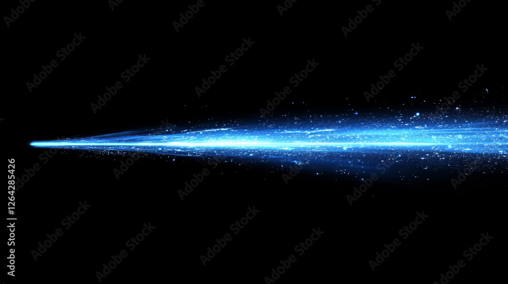 Poster blue speed line flare effect, horizontal streak beam glow. neon laser motion ray with blur and glare