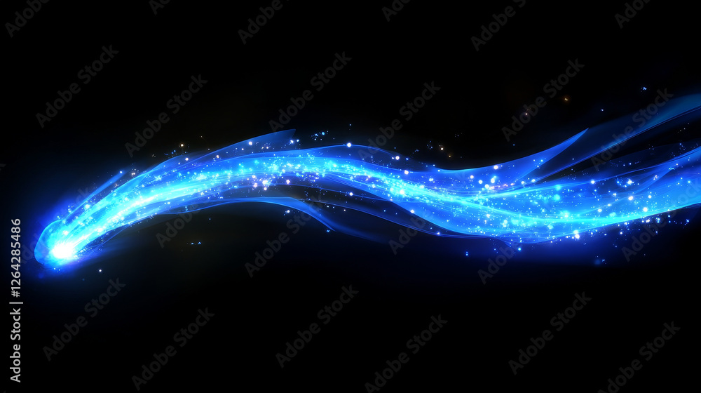 Poster blue speed line flare effect, horizontal streak beam glow. neon laser motion ray with blur and glare