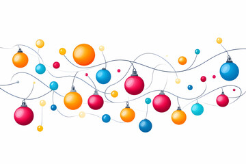 Bright colorful Christmas ornaments hanging on garland on white for seasonal cards generative AI