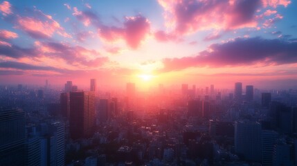Fototapeta premium Golden Hour Above the Metropolis Beautiful Urban Panorama at Dusk or Dawn with Stunning Light and Cloudscape During Blue Hour