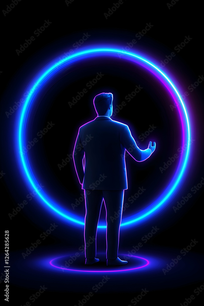 Poster man standing in a glowing portal in a dark room. metaphor for business growth generative ai
