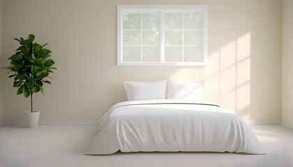 Fototapeta premium Bright, Minimalist Bedroom with Sunlight and a Plant near Window for Cozy Interior generative AI