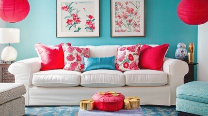A vibrant living room with a white sofa, colorful pillows, and decorative elements.